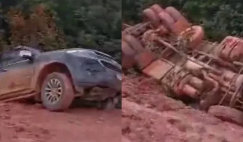 Picape e caçamba despencam de ribanceira na BR-319