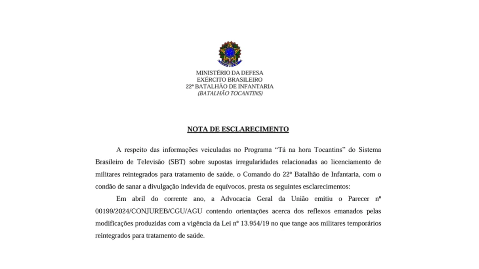 Exército esclarece afastamento de militares após denúncias no TO