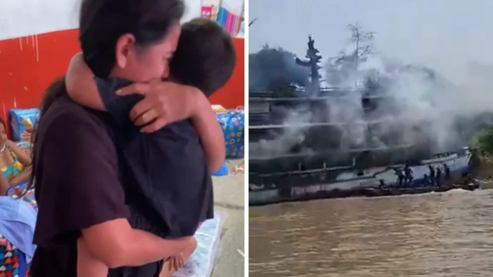Mãe e filho se reencontram após incêndio de barco no AM; vídeo