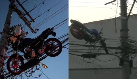 VÍDEO: moto fica presa em fiação elétrica após queda de balão
