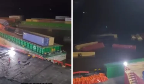 VÍDEO: Contêineres caem de balsa no Rio Amazonas durante operação