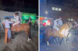 Isabelle e Matteus desfilam em cavalo durante evento em Farroupilha