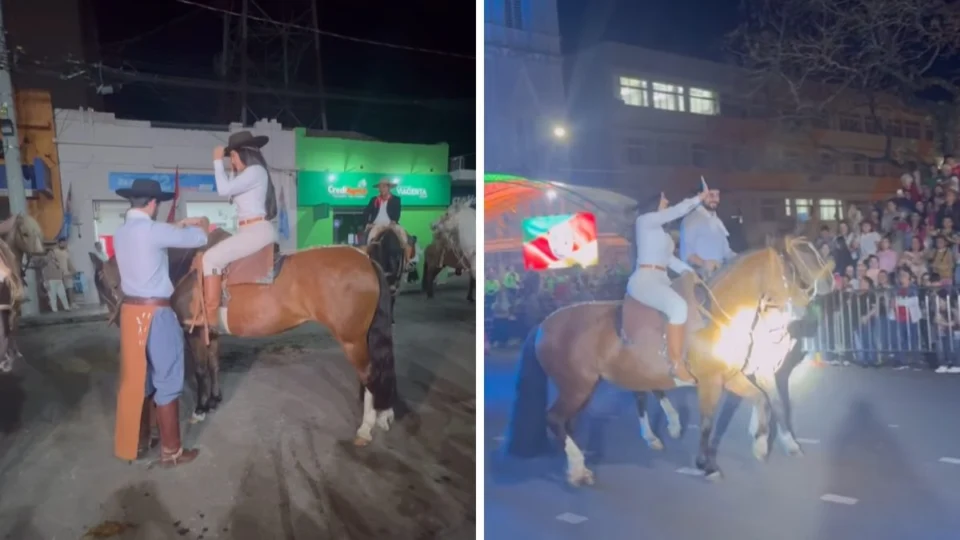 Isabelle e Matteus desfilam em cavalo durante evento em Farroupilha