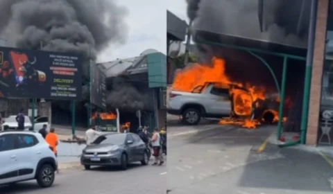 Carro pega fogo em estacionamento de frigorífico em Manaus; veja vídeo