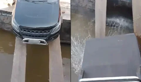 Homem tenta embarcar carro, mas tábuas não suportam peso e veículo cai em rio no PA; vídeo