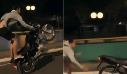 Motociclista em Manaus tenta fazer manobra arriscada, mas leva mega tombo; assista