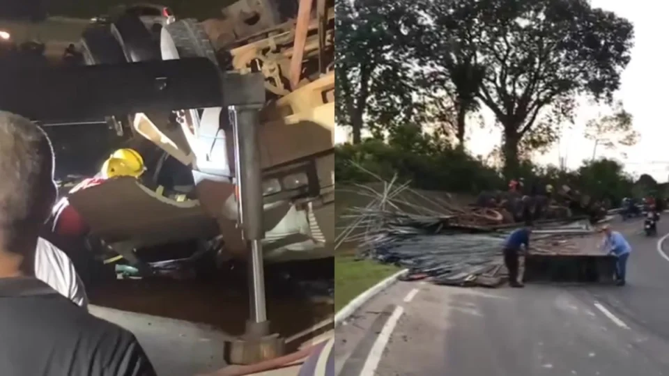 VÍDEO: Caminhão tomba em viaduto e deixa duas pessoas feridas em Manaus