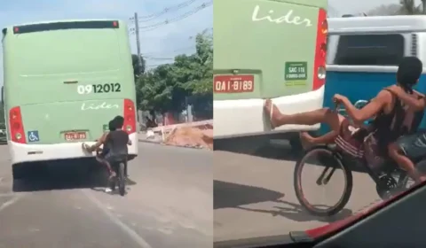 Vídeo: adolescentes são flagrados pegando ‘carona’ na traseira de ônibus em Manaus