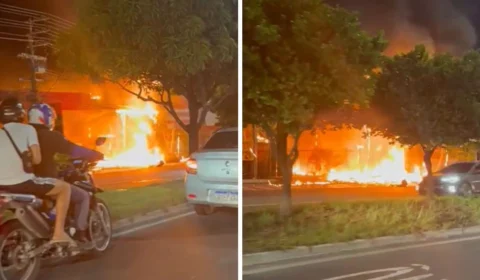 Incêndio atinge quiosques e fachada de supermercado em Manaus
