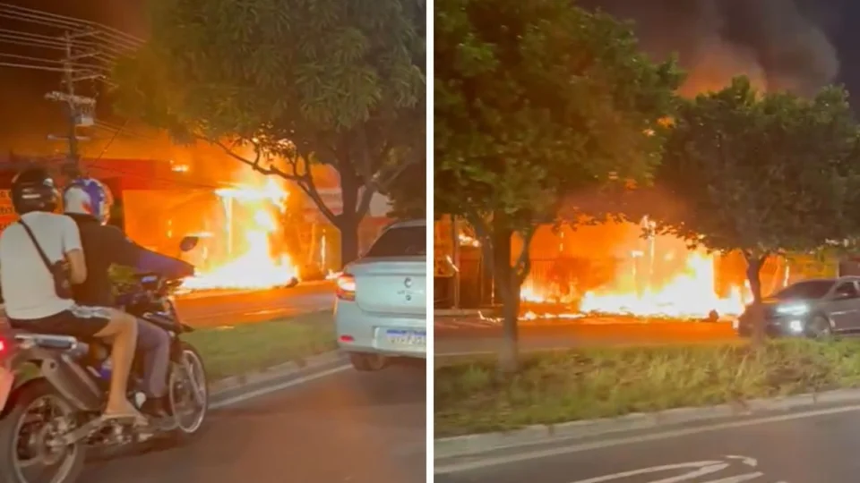 Incêndio atinge quiosques e fachada de supermercado em Manaus