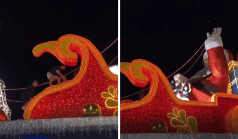 Jovens sobem e vandalizam estrutura de Natal na Ponta Negra, em Manaus