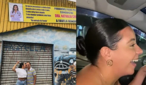 Pai homenageia filha médica com faixa na comunidade: “A favela venceu”