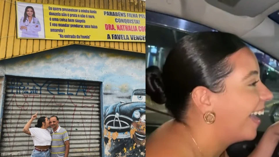 Pai homenageia filha médica com faixa na comunidade: “A favela venceu”