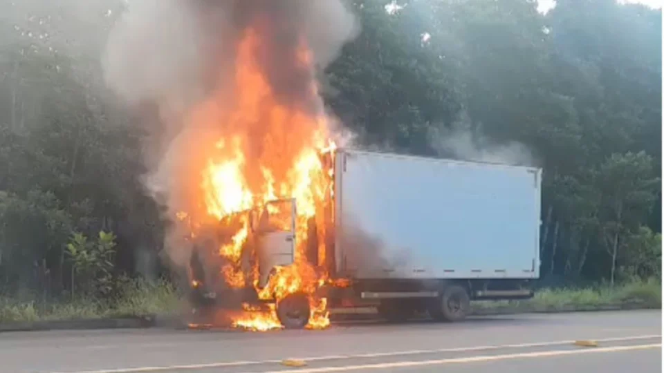 Caminhão carregado de ovos pega fogo na AM-070; veja vídeo