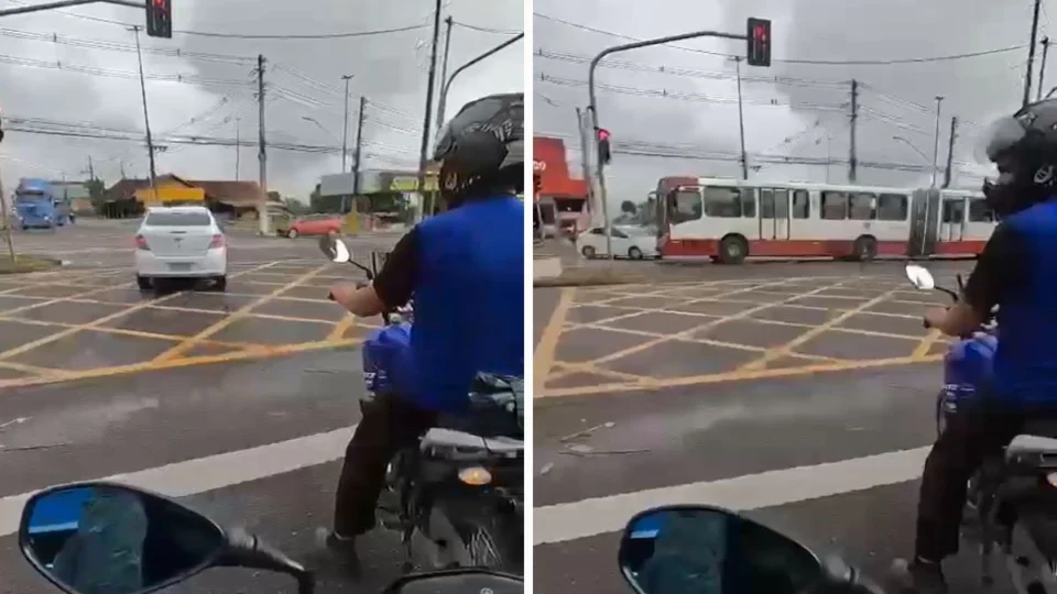 Motociclista filma momento em que carro avança sinal e colide com ônibus em Manaus
