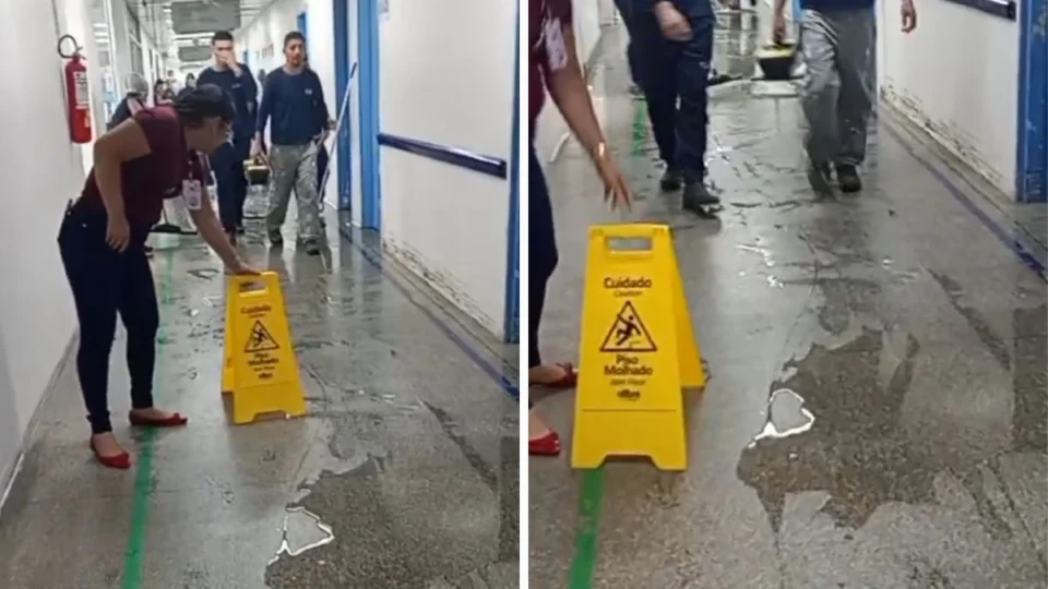 Chuva forte provoca alagamento no Hospital Platão Araújo, em Manaus; veja vídeo