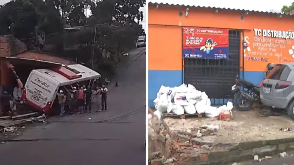 Ônibus de rota perde o controle e invade casa ao tentar subir ladeira em Manaus; veja vídeo