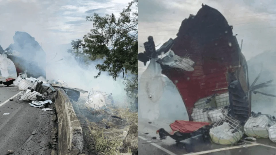 Acidente em Paulo Lopes: caminhão com carga tóxica tomba e vazamento atinge rio e vegetação