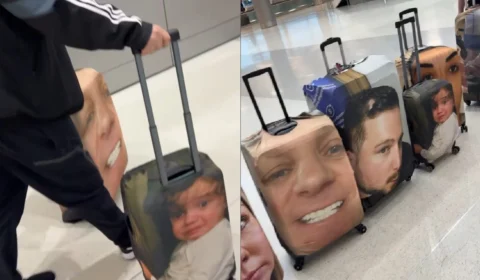 Família diverte web com malas personalizadas com seus rostos; veja vídeo