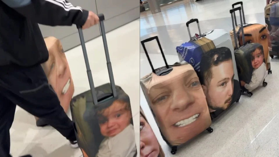 Família diverte web com malas personalizadas com seus rostos; veja vídeo