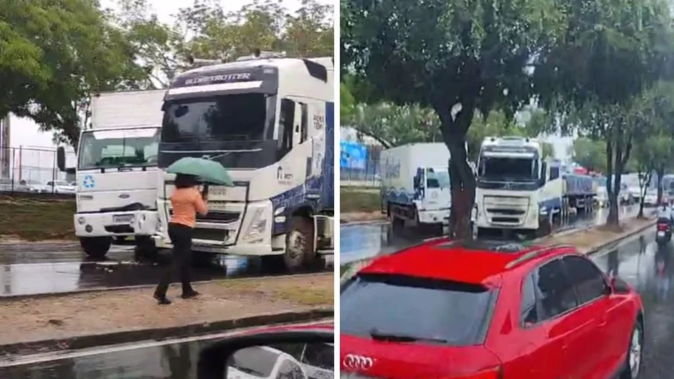 Caminhão derrapa, bate em carreta e deixa trânsito parado em Manaus; veja vídeo
