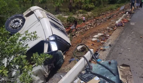 Caminhão carregado de cebolas tomba na BR-174 e populares furtam carga; veja vídeo