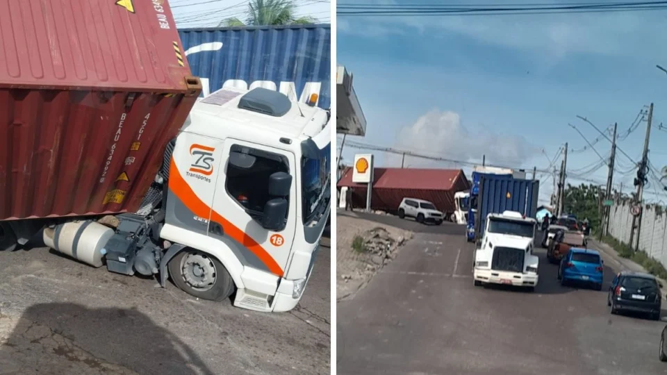 ‘Curva da morte’: contêiner tomba em local conhecido por acidentes em Manaus; veja vídeo