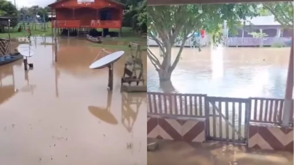 VÍDEO: ruas e casas alagam com a cheia do rio Madeira no distrito de Nazaré, em Porto Velho