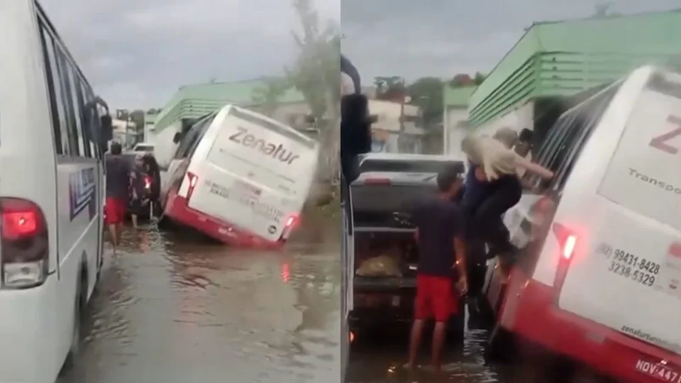 VÍDEO: Rota cai em buraco e passageiros são retirados por janela em Manaus; veja