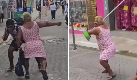 VÍDEO: Patixa se assusta com ‘assalto fake’ e parte para cima de comediante com ‘vassouradas’