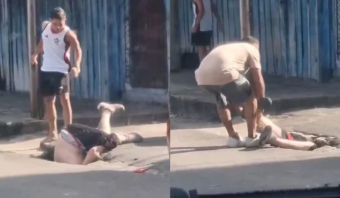 Homem ‘enfiado’ de cabeça para baixo em bueiro é agredido em Manaus; veja vídeo