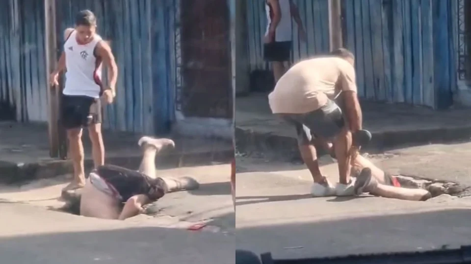 Homem ‘enfiado’ de cabeça para baixo em bueiro é agredido em Manaus; veja vídeo