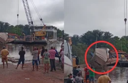 VÍDEO: caminhão tomba ao tentar entra em balsa em trecho alagado da BR-319