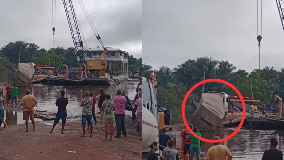 VÍDEO: caminhão tomba ao tentar entra em balsa em trecho alagado da BR-319