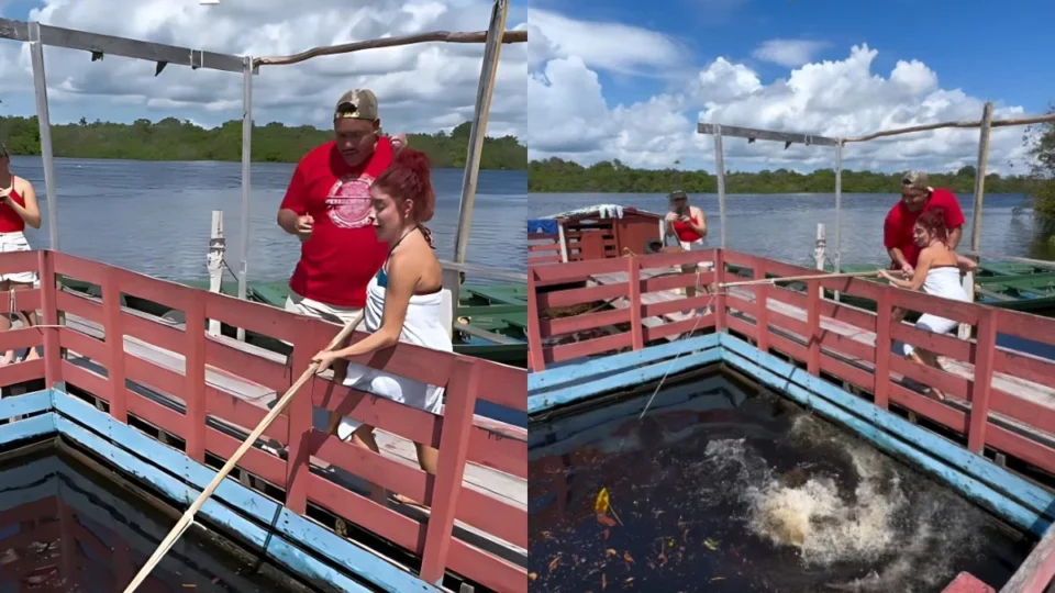 Gkay se desespera ao tentar pescar um pirarucu no Amazonas e quase ser derrubada; veja vídeo