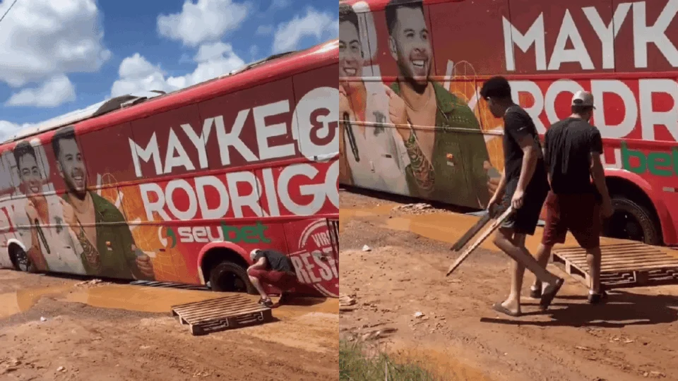 Ônibus de Mayke e Rodrigo atola em Rio Branco a caminho de show da dupla