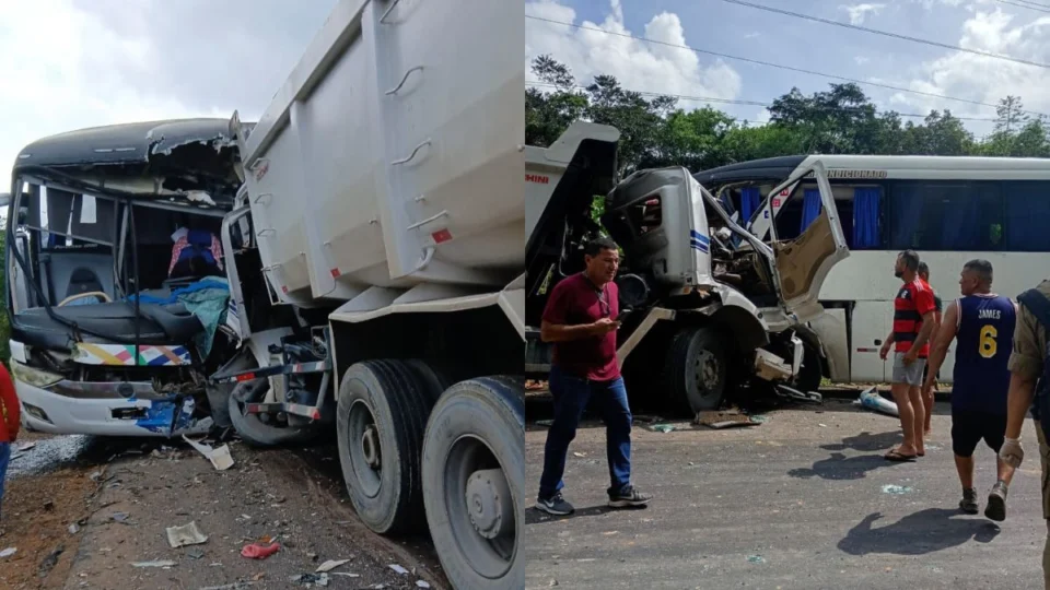 Acidente entre caçamba e ônibus deixa um morto e três feridos na AM-010; veja vídeo