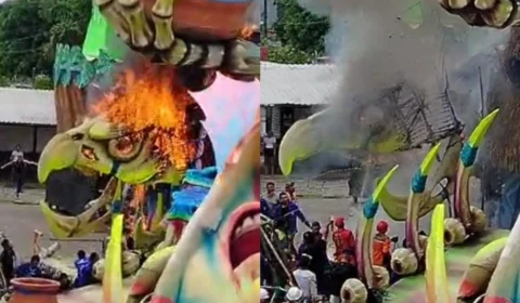 Parte da alegoria do Caprichoso fica destruída após incêndio nesta sexta-feira (20)