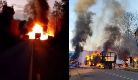 VÍDEO: colisão entre carretas na BR-174 causa incêndio e caminhoneiro morre carbonizado