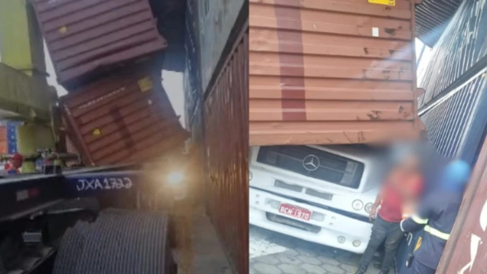 VÍDEO: Contêineres caem sobre carreta em Manaus e motorista grita desesperado