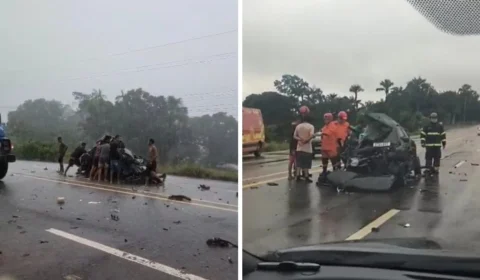 Carro fica destruído em grave acidente registrado na rodovia AM-070 durante temporal