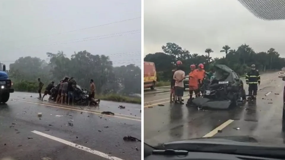 Carro fica destruído em grave acidente registrado na rodovia AM-070 durante temporal