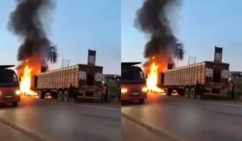 VÍDEO: Caminhão boiadeiro pega fogo na BR-319 e animais fogem para se salvar
