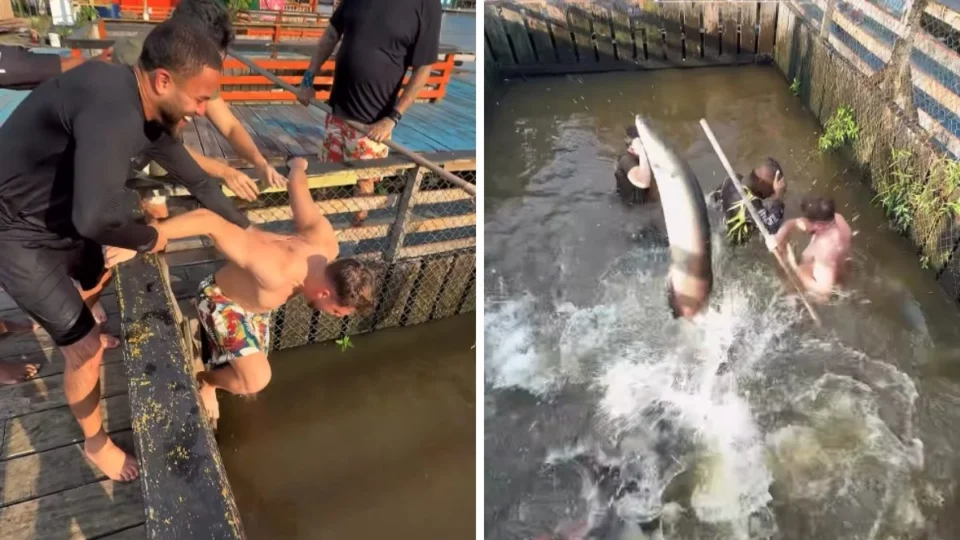 Jon Vlogs causa polêmica ao pular em viveiro de pirarucus em Manaus; veja vídeo
