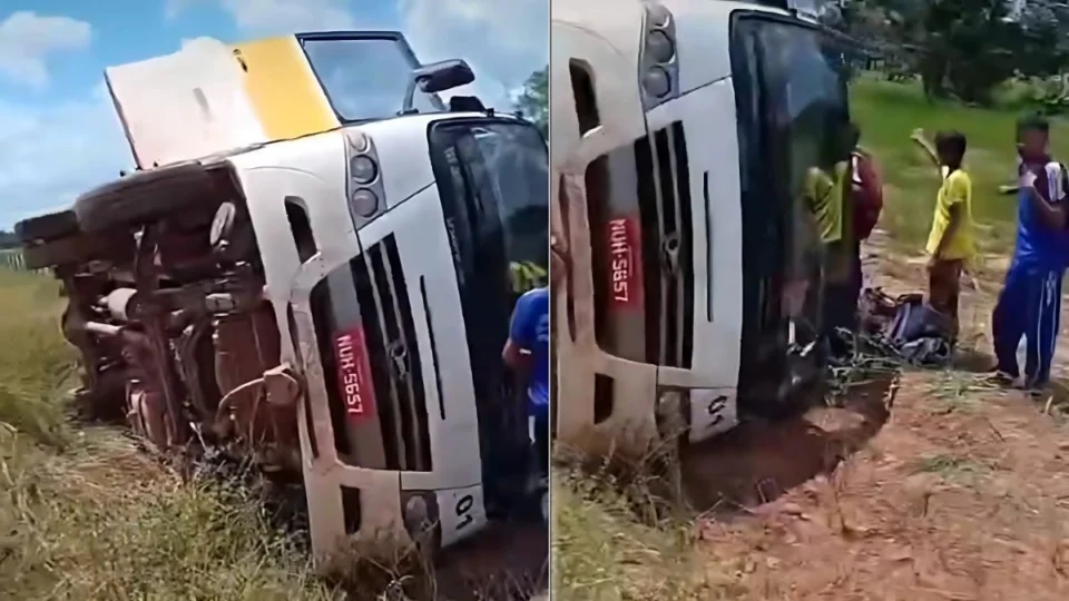 Micro-ônibus escolar tomba e deixa duas estudantes feridas no Cantá