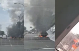 Veículo de empresa de alimentos pega fogo na avenida Carlos Pereira de Melo