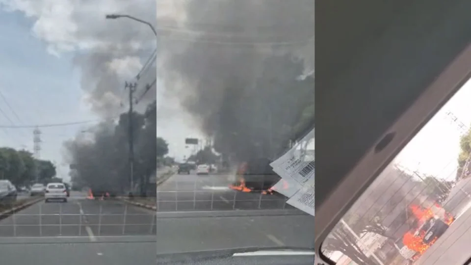 Veículo de empresa de alimentos pega fogo na avenida Carlos Pereira de Melo