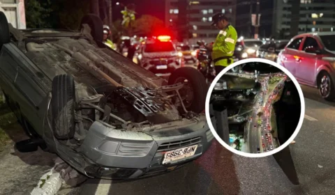 VÍDEO: carro capota após colisão envolvendo três veículos em Manaus; acidente deixa motorista ferido