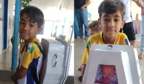 VÍDEO: Menino de 8 anos leva mochila em formato de caixão para escola em homenagem ao pai falecido