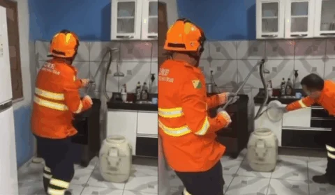 VÍDEO: cobra surucucu é encontrada em cozinha no interior do Acre e mobiliza Bombeiros